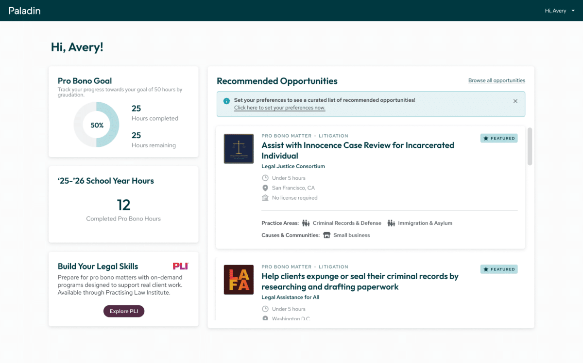 Paladin-PLI Student Dashboard